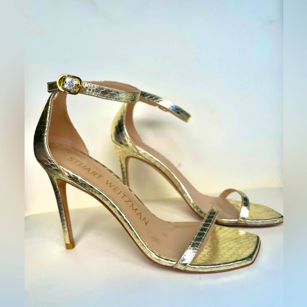 Stuart Weitzman heels, gold sneak leather.